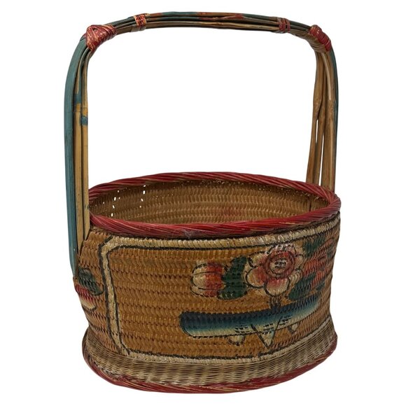 Vtg Asian Woven Rattan Wedding Basket Hand Painted Fish Koi Goldfish Floral 14" - Picture 4 of 8